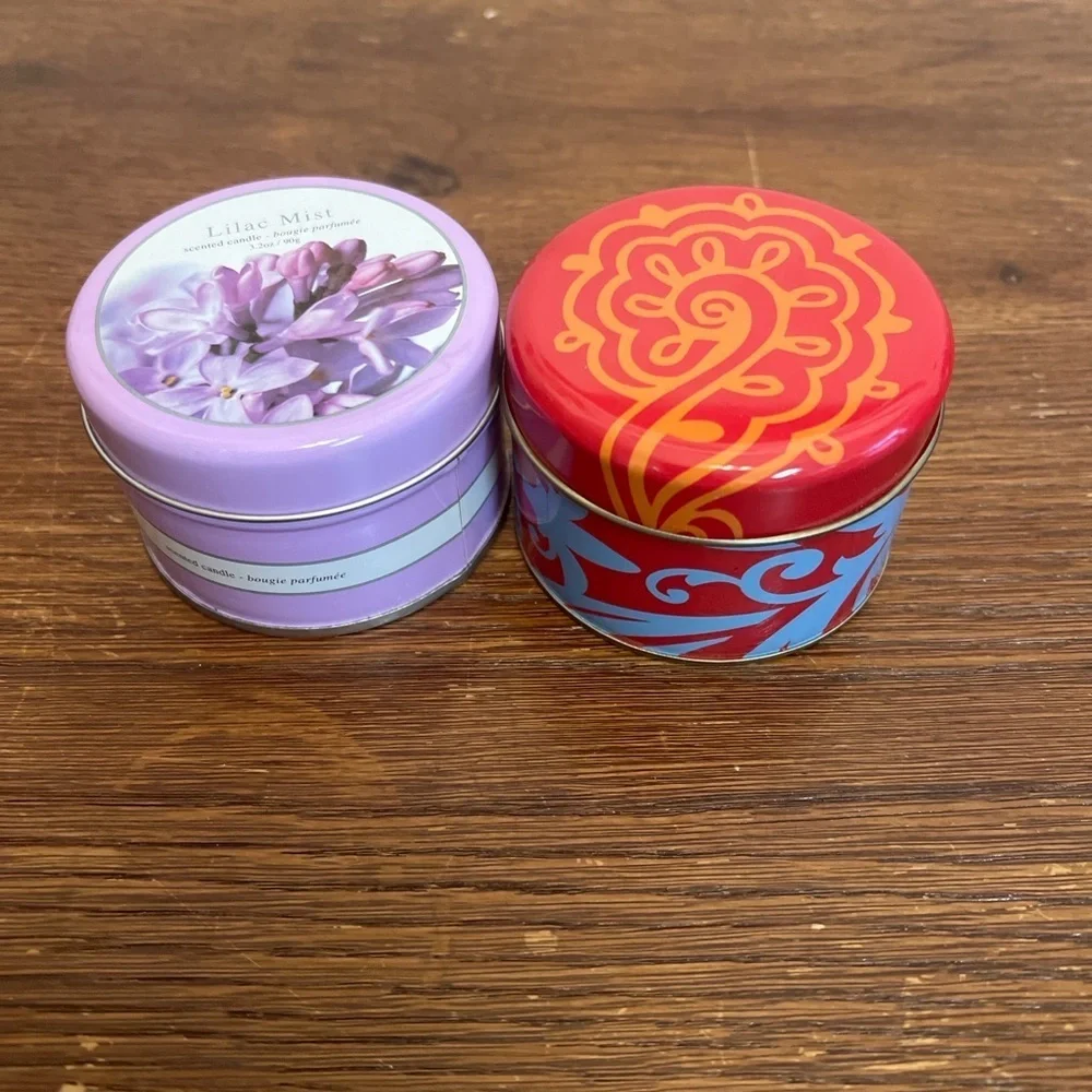 Set of 2 Scented Candles – Lilac Mist & Vanilla Decorative Tins 3.2 oz Each